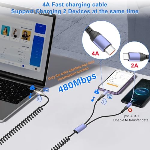 Versatile Coiled USB-C Splitter Cable: 5.9 FT Dual USB-A to Type-C Fast Charging & Data Sync Cable – Enhanced Compatibility for Phones, Laptops, and All Type-C Devices – Efficient 2 in 1 USB3.0 Design for On-the-Go Power and Connectivity