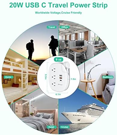 Alitayee 20 W USB-C Power Strip: Compact 3-Outlet Surge Protector with Fast Charging & Flat Plug for Travel, Home, and Office – Ideal for i Phone and QC 3.0 Devices with 3 ft Extension Cord for Maximum Portability and Compatibility