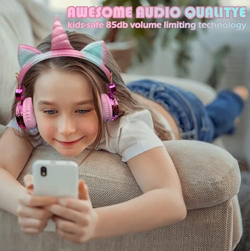 Light Purple Unicorn Cat Ear Bluetooth Headphones for Kids – Safe Listening with Volume Limiting, FM Radio & Dual Connectivity for Fun Learning and Entertainment – Ideal for School, Laptops, and Smartphones