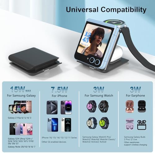 Portable 2-in-1 Fast Charging Station for Samsung Galaxy Z Flip Series – Foldable Wireless Charger with Enhanced Compatibility for Galaxy S, Note, and Watch – Ideal Travel Companion with Adapter Included – Sleek Black Design for Effortless Power on the Go