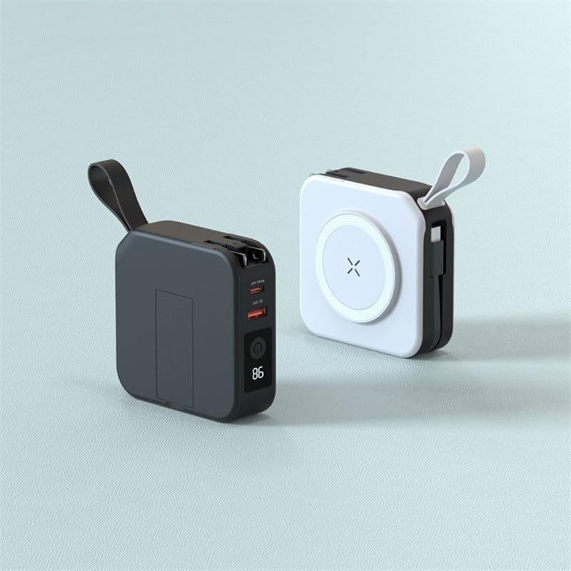 Ultimate Travel Charger and Power Bank – Wireless Charging with 3 Global Adaptors, Built-In Cables, and Integrated Phone Holder for Seamless On-the-Go Power Solutions (White) – Ideal for Frequent Travelers and Busy Professionals