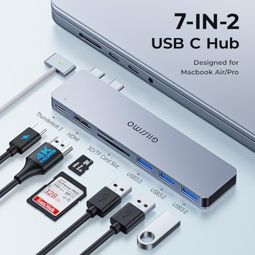 Maximize Your Mac Book’s Potential with the 7-in-2 USB C Hub Adapter – Seamless Thunderbolt 3 Connectivity, 4 K HDMI Output, and Multiport Access for Pro & Air Models (2021-2023) – Perfect for Fast Data Transfer, File Management & On-the-Go Convenience