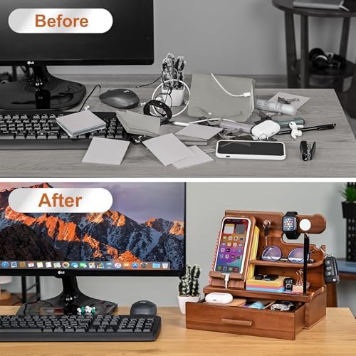 TESLYAR Wood Phone Docking Station with Drawer – Nightstand Organizer – Desk Organizer for Husband – Birthday Gifts for Men, Dad, Anniversary Idea, Key Holder Stand Watch & Accessories (Bourbon Brown) – Enhanced Compatibility and Speed