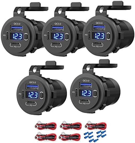 Zennova 12 V Dual USB Quick Charge 3.0 Outlet – 5 Pack Waterproof Car Charger with PD USB-C Port, Integrated Voltmeter, and Power Switch for Cars, Boats, Golf Carts, RVs, and More – Ultimate Charging Solution for All Adventures