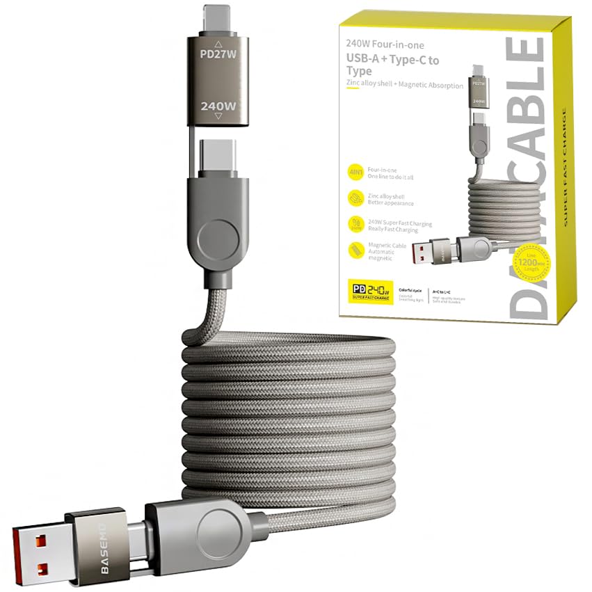 4-in-1 Supercharging Cable for Apple Devices – High-Speed USB-C & Type-C Charging Solution with Durable Spring Wire Design for Mac Book, i Pad, i Phone – Portable Multi-Functional Charging Accessory for Effortless Power Delivery