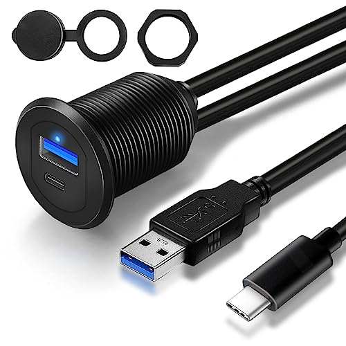 Revolutionize Your Vehicle’s Connectivity with the Type C 3.1 & USB 3.0 Flush Mount Extension Cable – 1-Foot Waterproof Dashboard Solution for Cars, Boats, and Motorcycles with Built-in LED Indicator for Enhanced Visibility and Fast Data Transfer
