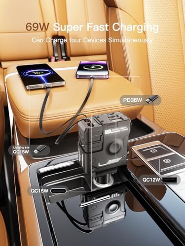 Ultimate 69 W Retractable 4-in-1 Fast Car Charger for i Phone 12-16 | Sleek White Design, Multi-Device Compatibility, Ideal Valentine’s Gift for Tech Lovers | Efficient, Tidy, and Safe Charging on the Go