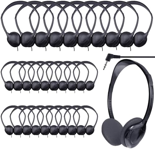 Bulk 30-Pack Adjustable Classroom Headphones – Durable 3.5 mm Jack Earphones with Soft Cushioned Pads for Kids & Adults – Ideal for Libraries and Educational Settings – Enhance Focus & Engagement with Superior Sound Quality and Customizable Fit