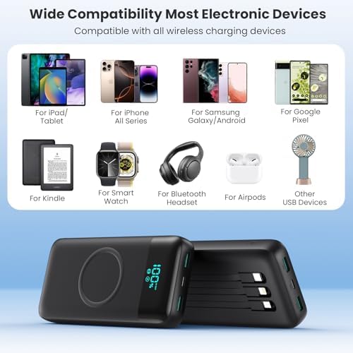 Ultra-High Capacity 30,800 m Ah Wireless Power Bank – 15 W Fast Charging & 25 W PD QC4.0 – Smart LED Display with 4 Outputs & 2 Inputs – Versatile USB-C External Battery Pack for i Phone, Samsung & More – Travel-Ready Charging Solution in Sleek White Finish