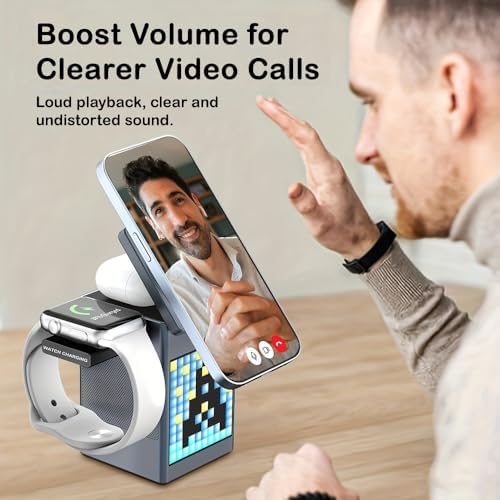 Ultimate 3-in-1 Wireless Charging Station with Bluetooth 5.3 Speaker & Adjustable Alarm Clock – 15 W Qi-Compatible Magnetic Fast Charger for 3 Devices, Enhanced Audio Experience, USB Type-C Ports, Mood Lighting & Voice Assistant Compatibility – Ideal Bedside & Desk Organizer in Sleek Black