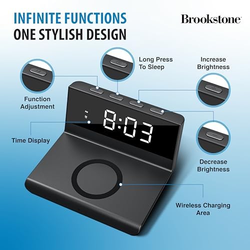 Brookstone Smart LED Alarm Clock with 15 W Fast Wireless Charger for i Phone 15 Pro Max & Samsung S23 | Dual Alarm Functionality with Customizable Brightness | Sleek, Modern Design for Efficient Workspaces & Nightstands