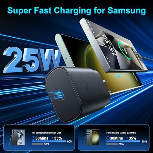 Ultra-Fast 25 W Type C Charger Block with 6.6 FT USB C Cable – Samsung Super Fast Charging Solution for Galaxy S25 Ultra/S25/S24 Ultra/S24/S23 Ultra/S22 Ultra/S22+ – 3-Pack for Home, Office & Travel – Enhanced Compatibility for All USB-C Devices