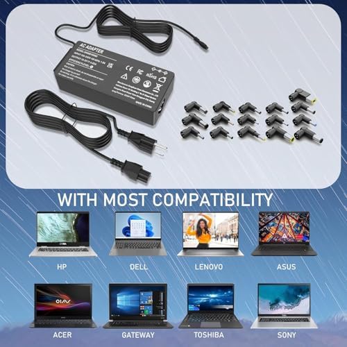 Universal 90 W Laptop Charger with 16 Tips – High-Speed AC Power Adapter for HP, Dell, Lenovo, Acer, Asus, Toshiba, and More – Worldwide Compatibility and Enhanced Performance – Ideal Replacement for Notebooks and Chromebooks – Safe, Reliable, and Backed by 24-Month Warranty