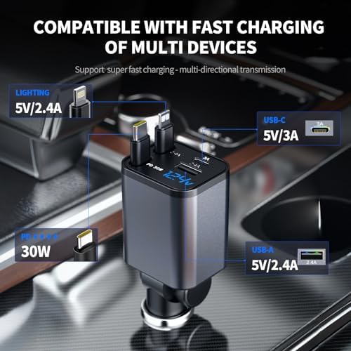 Kwak’s Retractable USB C Car Charger – Ultra-Fast Charging Adapter with Dual Apple Cables for i Phone 14, 13, 12, 11 | Tidy Retractable Design for Effortless On-the-Go Power Solutions | Compact & Portable Vehicle Charging Accessory