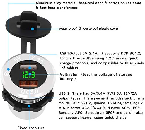 Upgraded Aluminum Alloy Quick Charge 3.0 Dual USB Car Charger Socket with Built-in Voltmeter – Fast, Reliable Charging Solution for Vehicles, Boats, and RVs – Sleek Silver-Green Design for Enhanced Aesthetic Appeal and Performance