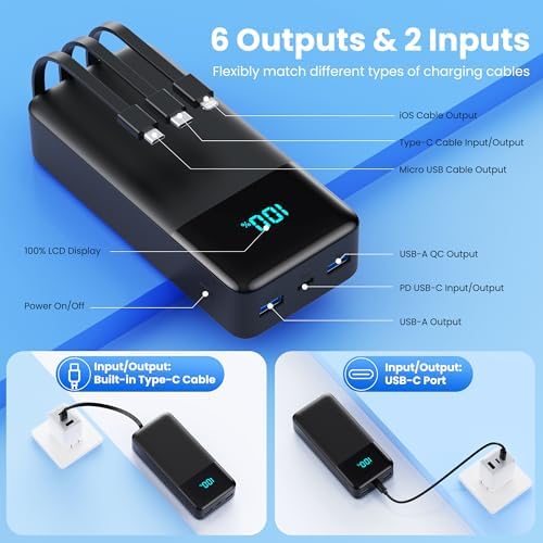 High-Capacity 40800 m Ah Portable Charger with Integrated Cables – Fast PD 25 W USB-C & QC4.0 Power Bank for i Phone 15/16 and Samsung – Smart LED Indicator, 5 Outputs for Multi-Device Charging – Ultimate Travel Companion for On-the-Go Power Solutions