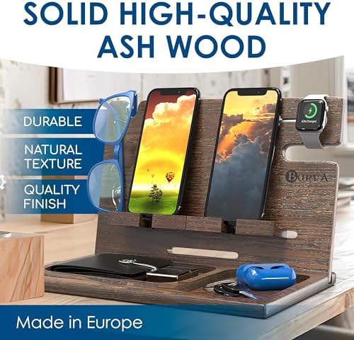 Sleek Premium Wooden Dual Device Docking Station | Stylish Nightstand Organizer for Smartphones, Tablets & Smartwatches | Fast Charging with Universal Device Compatibility | Ideal Gift for Men | Enhance Bedroom Decor & Reduce Clutter