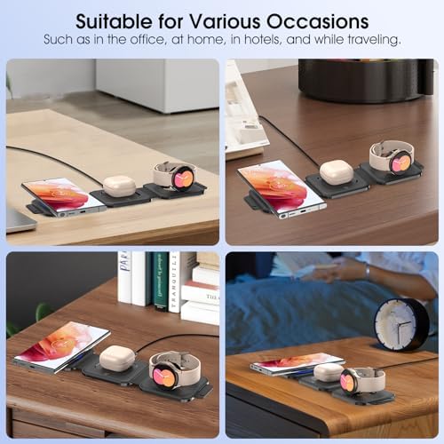 Ultra-Compact 3-in-1 Wireless Charging Station for Samsung Devices – Foldable Travel Charger Pad for S25, S24, S23 Ultra, Z Flip, and Fold 6; Fast Wireless Charger for Galaxy Watch 7/6 and Buds 3 Pro – Sleek, Portable Design for On-the-Go Power Solutions