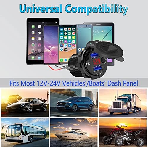 Premium 12 V USB Outlet Dual Quick Charge 3.0 Pack – Waterproof Aluminum Charger with LED Voltmeter & Power Switch for Marine, Motorcycle, Truck, Golf Cart, RV, and Car – Ultimate Charging Solution for Active Lifestyles
