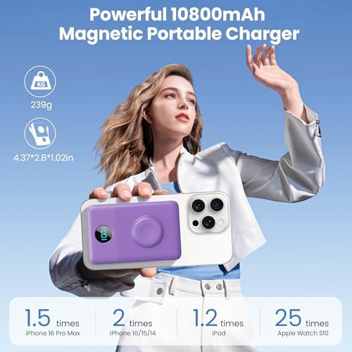 Ultimate 6-in-1 Magnetic Portable Charger, 10800 m Ah Power Bank for i Phone – Features Integrated Cables, Wireless Charging for Apple Watch, Smart LCD Display, and 25 W PD Fast Charging – Perfect Travel Accessory for All Devices with Enhanced Safety Features and Compatibility for i Phone 12 to 16 Series