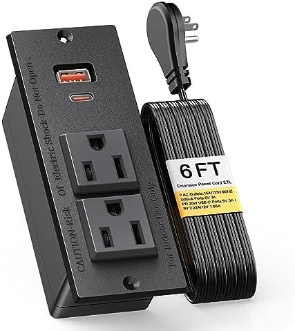 Recessed Power Grommet with Dual 20 W USB C Ports and 6 FT Extension Cord – Versatile Desk Power Socket with 2 AC Outlets for Seamless Integration into Cabinets, Drawers, or Nightstands – ETL Listed for Safety and Enhanced Charging Efficiency – Ideal for Organized Home Offices and Modern Living Spaces