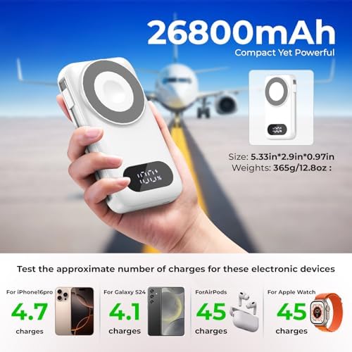 26800 m Ah Magnetic Portable Power Bank for i Phone & Android – 6-in-1 Wireless Charger with Built-in Cables for i Watch & Air Pods – Fast Charging Solution with Enhanced Safety Features – Compatible with All Major Devices (White)