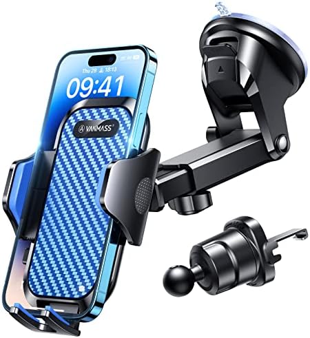 VANMASS Military-Grade Car Phone Holder – Maximum Durability for i Phone 16, 15 Pro Max, 14, 13 & Android Devices – Ultimate Dashboard, Windshield & Vent Mount with Secure Suction & Clip Mechanism for Safe Navigation – 360-Degree Adjustable Viewing for Effortless Access – Heavy-Duty Cell Cradle for Confident Driving