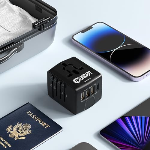 Unidapt Universal Travel Adapter: High-Speed 2.4 A 4-Port USB Charger for Global Use – Compact International Plug Adapter for Europe, USA, UK, Australia – Stylish Blue Design with Safety Features for Hassle-Free Charging on the Go