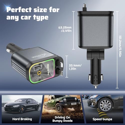 Illuminate Your Drive with the Starlight Retractable Car Charger – 4-in-1 USB-C Fast Charging Adapter with Dual Ports for i Phone, i Pad, and Air Pods, Enhanced Compatibility, Tangle-Free Design, and Mesmerizing Car Roof Ambiance for Effortless Road Trips