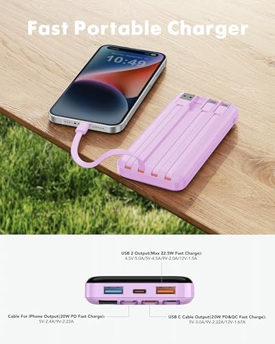 Charmast 20000 m Ah Travel Power Bank with 4 Integrated Charging Cables and 6 Output Ports, 20 W Fast Charging External Battery Pack for i Phone 16/15/14, Android Devices, i Pads, and Tablets – Ultimate On-the-Go Charging Solution for Seamless Connectivity and Reliability