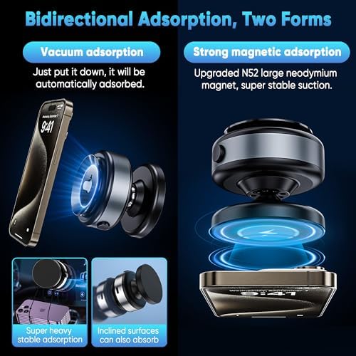 Premium 360° Adjustable Electric Vacuum Suction Phone Mount – Innovative Magnetic Holder for Seamless Car and Gym Use – Designed for Mag Safe i Phones – Effortless Tool-Free Installation with Sleek Silver Finish for Ultimate Convenience and Stability