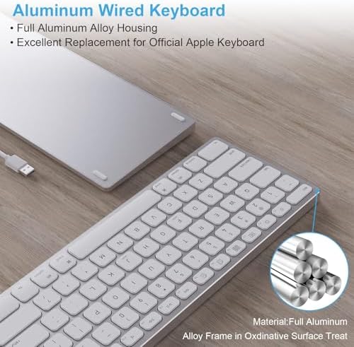 Sleek All-Aluminum Wired Keyboard for Mac OS – Full-Size USB Design with Numeric Keypad for Effortless Data Entry, Exceptional Durability, and Enhanced Typing Speed – Perfectly Compatible with i Mac, Mac Book, i Pad, and Mac Mini – Elevate Your Workspace with Elegant Silver Finish