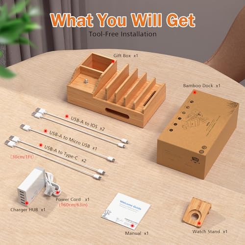 Sleek Bamboo Multi-Device Charging Station with 5 USB Ports, Integrated Smart Watch Stand & 5 Charging Cables – Ultimate Desktop Organizer for Cell Phones, Tablets & Smartwatches – Eco-Friendly Design for Fast Charging & Clutter-Free Spaces