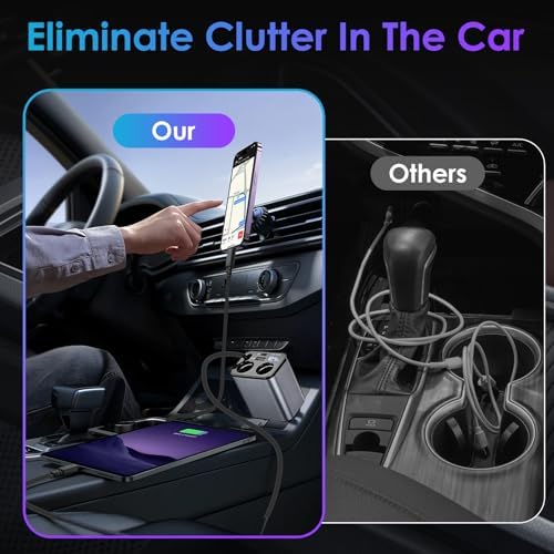 Ultimate 6-in-1 Retractable Car Charger: 159 W Fast Charging for i Phone 15/15 Pro Max, Galaxy, and Pixel – USB-C & Dual Cigarette Lighter Adapters for Multi-Device Convenience and Tangle-Free Storage