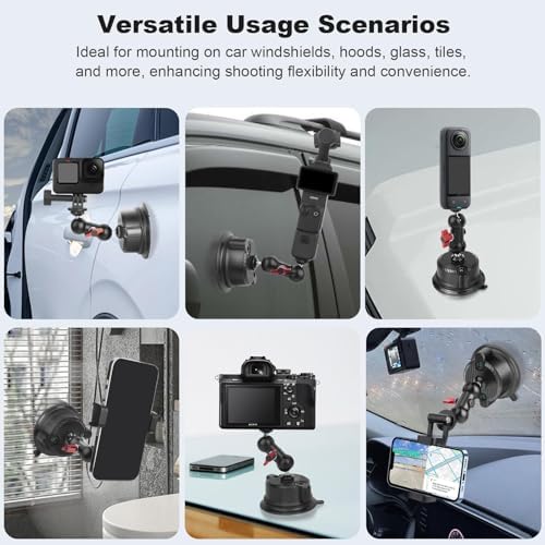 Car Phone Holder Phone Mount for Car, Double-Layer Suction Cup Camera Mount with 360° Ball Head Magic Arm, Windshield Window Car Mount for iPhone/Smartphone/DSLR/Action Camera (SY020) – Enhanced Compatibility and Speed