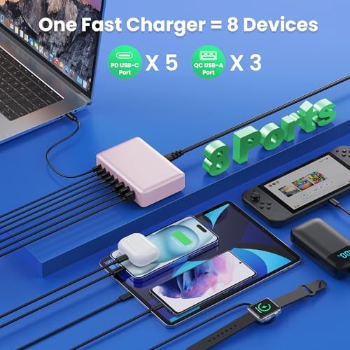 Revolutionary 300 W Ga N IV Technology USB-C Charging Hub – 8-Port Multi-Device Charger for Mac Book Pro/Air, DELL Laptops, i Phone 16/15/14 & Galaxy S25 – Sleek Navy Finish for Enhanced Home & Office Efficiency – Your Premier Solution for Rapid Device Power and Seamless Connectivity