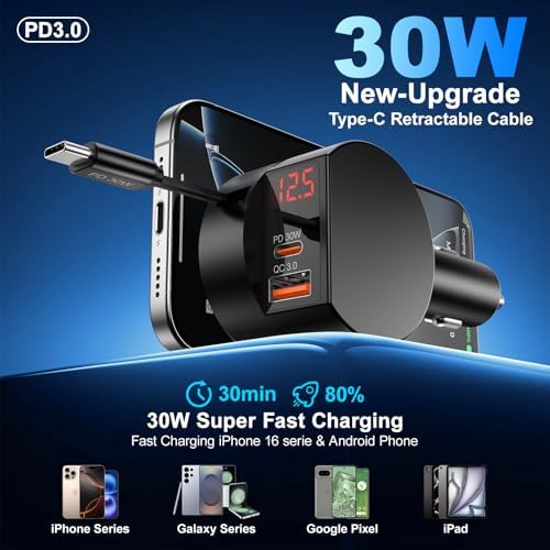 Dual-Port Retractable Car Charger Bundle – 3-in-1 Fast Charging Solution for i Phone 16/15 Pro Max, Samsung Galaxy, i Pad, and Pixel – Tangle-Free USB-C and USB-A Adapter for Ultimate Convenience on the Road
