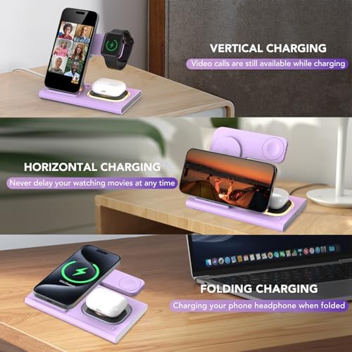 Ultra-Convenient 3-in-1 Foldable Wireless Charging Dock for Apple Devices – Rapid Power-Up Station for i Phone 16/15/14/13/12/11/X/XS, Apple Watch Series 10/9/8/7/Ultra2/Ultra/SE, and Air Pods Pro/2/3/4 – Lightweight Travel Charger with Integrated LED Light for Enhanced Portability and Efficiency