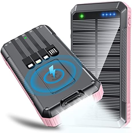 Ultimate Solar Power Bank – 33,800 m Ah Wireless Charger with 4 Built-in Cables & 7 Outputs, 22.5 W Fast Charging for Outdoor Adventures – LED Camping Lights, Weather-Resistant Design, Compatible with All Mobile Devices – Eco-Friendly Portable Charger in Red