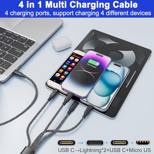 Universal 4-in-1 Braided Charging Cable – 6 Ft (2 M) USB C, Dual Lightning & Micro USB for Fast Charging | Durable, Tangle-Free Multi-Device Charger for i Phone, Galaxy, Tablets & More | Enhanced Speed & Compatibility