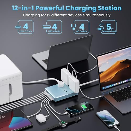 Revolutionize Your Charging Setup with the 12-in-1 USB C Power Strip – 200 W Ga N IV Fast Charger with 4 AC, 4 USB-A, and 4 USB-C Ports, Perfect for Mac Book and i Phone 16/15/14 – 5 ft Cord for Ultimate Flexibility in Home and Office Environments