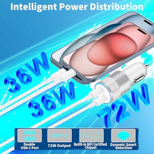 Adeqwat 72 W Dual PD USB-C Car Charger – MFi Certified Fast Charging for i Phone 16 Pro Max, Galaxy S24 & More | 2 Pack Type-C Cable Included | High-Speed Automobile Accessory for Seamless On-the-Go Power Delivery