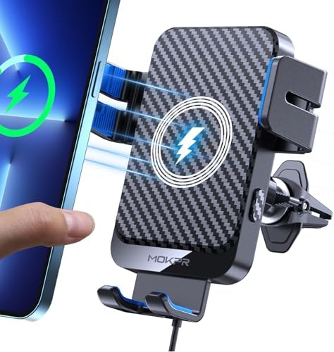 MOKPR 15 W Fast Wireless Car Charger – Auto-Clamping Phone Mount for i Phone 16/15/14/13/12/11 & Samsung Galaxy S23/S22/S21/S20 – Effortless One-Handed Operation, 360-Degree Rotation, Easy Air Vent Installation for Seamless Navigation & Charging on the Go