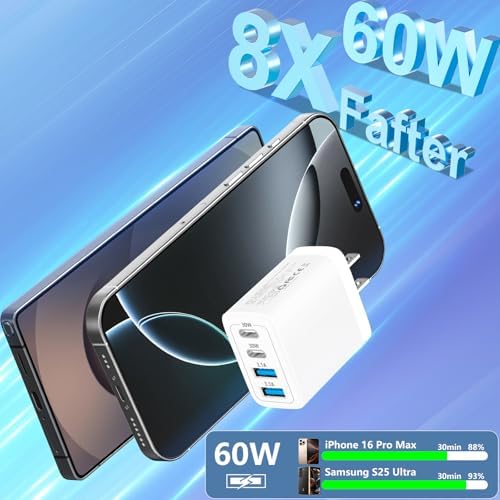 Linocell 2-Pack 60 W 4-Port USB C Charger Block – High-Speed Dual PD & QC Wall Adapter for i Phone 16-11 & Galaxy S25-S24 – Versatile Fast Charging Solution with USB-A Compatibility for Travel and Home Use