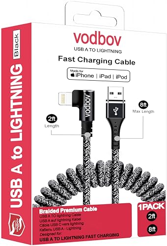 Tangle-Free Coiled i Phone Charger Cord (2-8 ft) – Zebra Black Right Angle Design for i Phone 14/13/12 Pro, Plus & Max – Fast Charging & Enhanced Compatibility for Effortless Device Powering
