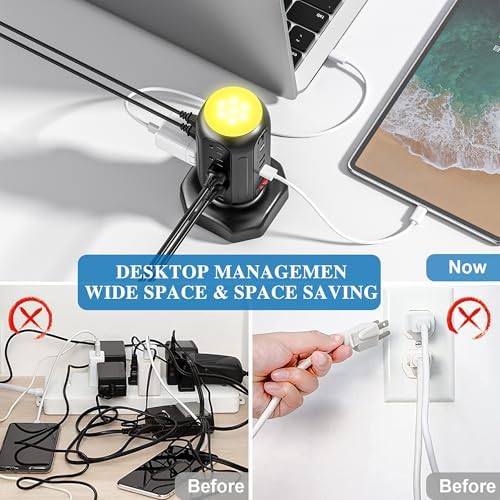 Maximize Your Power Potential with the 15-Outlet Surge Protector Tower Featuring 6 Fast-Charging USB Ports and LED Night Light – Retractable Heavy-Duty Extension Cord with Right Flat Plug for Effortless Accessibility and Enhanced Device Compatibility – Ideal Charging Station for Home and Office Use