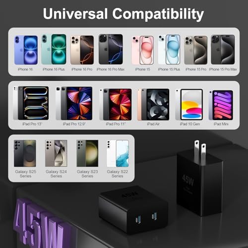 45 W Dual USB-C Fast Charger with 10 FT Cable for i Phone 16 & Galaxy S25 – Rapid Charging Solution for i Pad Pro/Air, Compact & Portable Power Block, Enhanced Device Compatibility