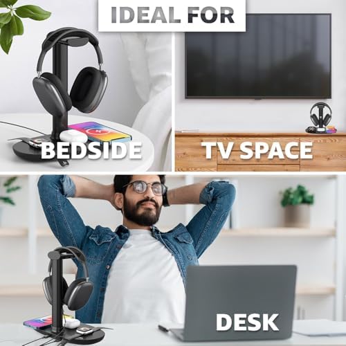 Sleek 4-in-1 Wireless Charging Headphone Stand – Universal Dock for i Phone, Apple Watch, Air Pods, and All Headphone Sizes – Fast Charging Hub for Samsung Galaxy, LG, Huawei – Elegant White Desk Organizer for Tech Enthusiasts