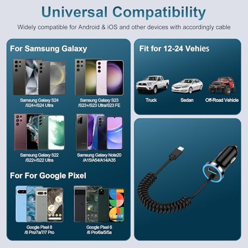 Ultra-Fast Google Pixel Car Charger with 3 FT Built-in USB-C Cable – Dual Port Adapter for Google Pixel 9 Series, Galaxy S25 Ultra & More | Convenient Charging Solution for On-the-Go Power Needs | Compact & Durable Design for Everyday Use