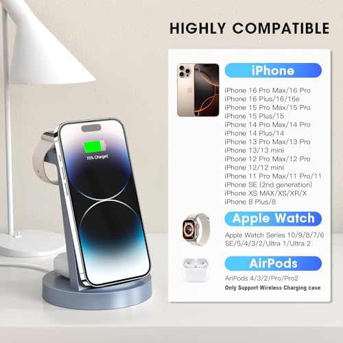 Sleek 3-in-1 Wireless Charging Station for i Phone & Apple Watch – Fast Charging Dock for Air Pods 11-16, Pro Max Models – Stylish Rose Finish & Space-Saving Design for Efficient Device Organization